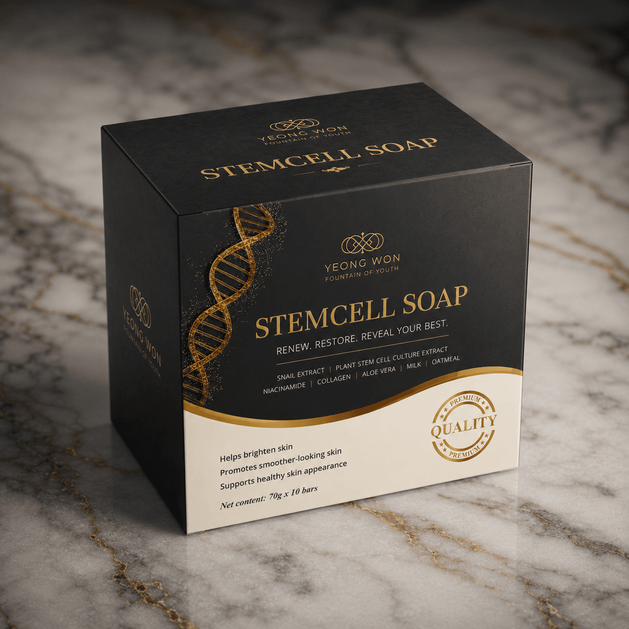 Yeong Won Stemcell Soap carton in black and gold with a golden DNA helix, on marble