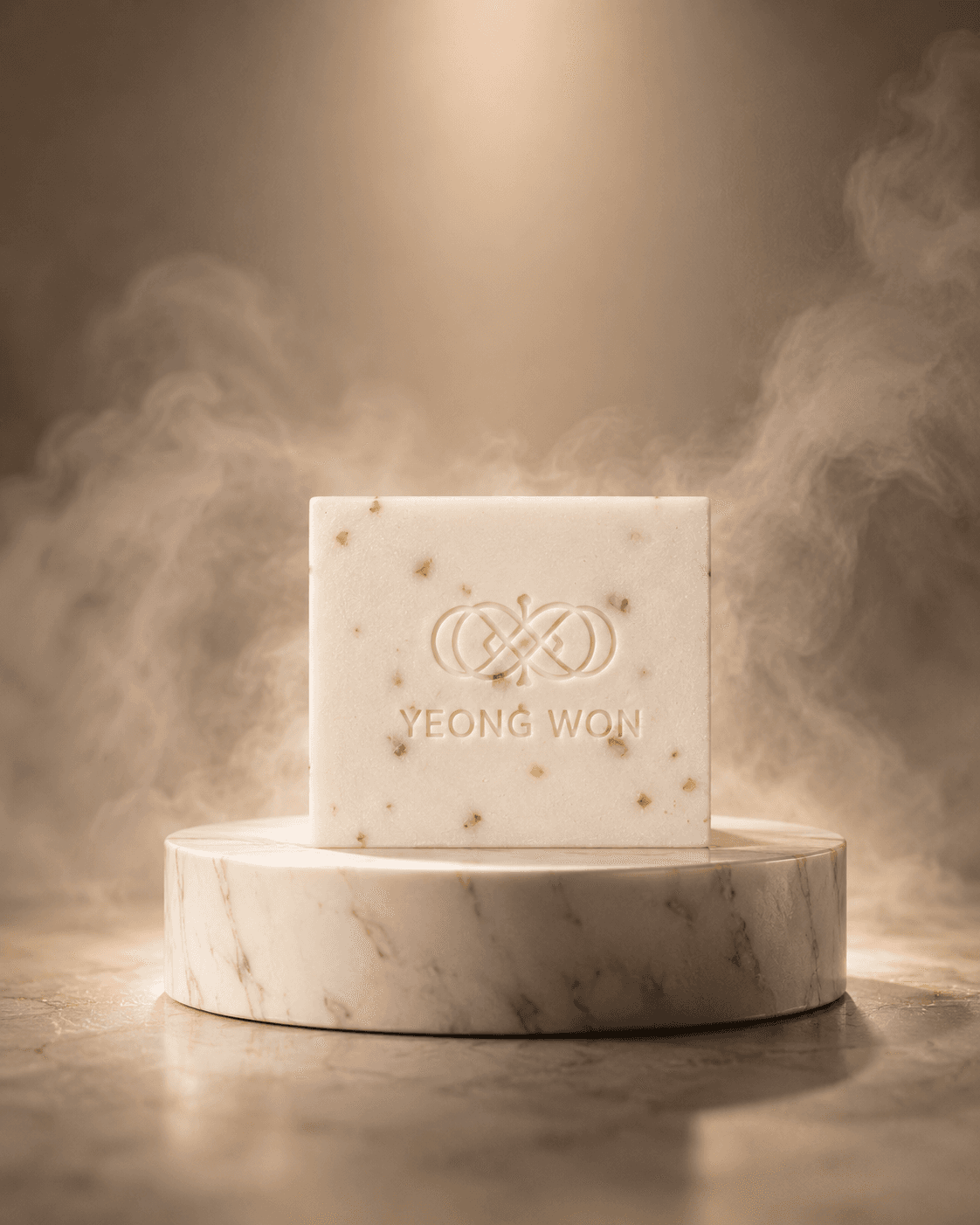 Cream Yeong Won soap bar embossed with the logo, on a marble plinth in warm light and steam